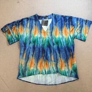 Marc New York Andrew Marc Abstract Tie Dye V Neck Tunic Top Blue‎ Orange Green M